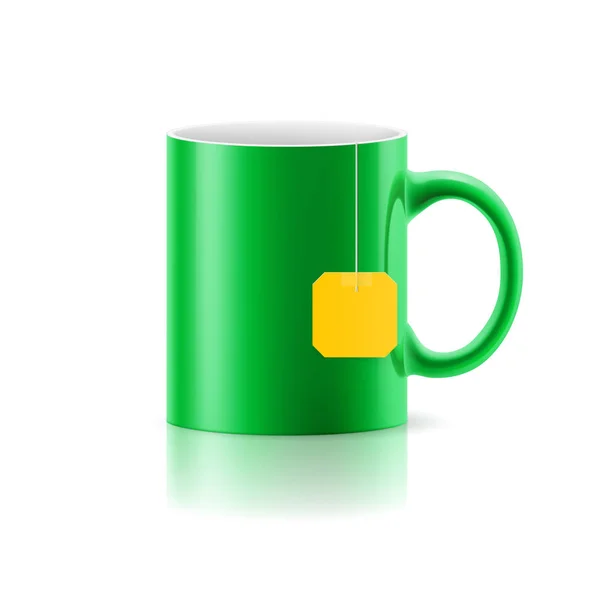 Copo Verde Com Etiqueta Saco Chá Sobre Fundo Branco — Fotografia de Stock