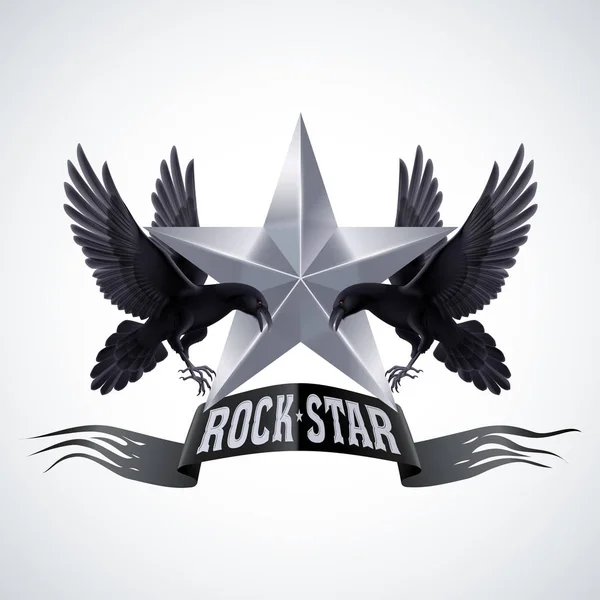 Banner Estrela Rock Preto Branco Com Dois Corvos — Fotografia de Stock