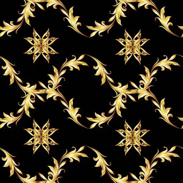 Seamless Pattern Gold Floral Elements Black Background — Stock Photo, Image