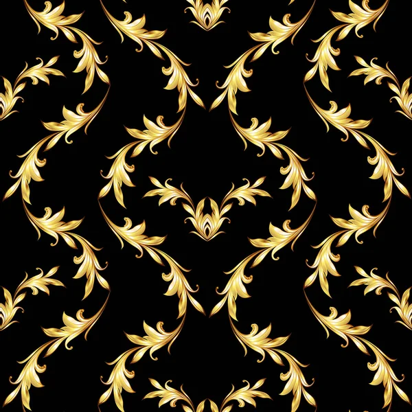 Naadloze Bloemenpatroon Met Gouden Takjes Weven Zwart — Stockfoto