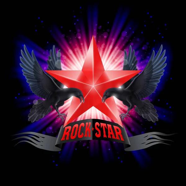 Red Rock Star Banner Med Två Korpar Över Lysande Bakgrund — Stockfoto