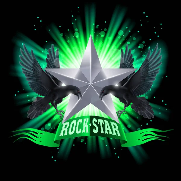 Bannière Green Rock Star Avec Deux Corbeaux Sur Fond Brillant — Photo