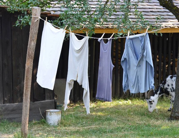 Two Children Clothes Hanging Clothesline Row — Stock Photo, Image