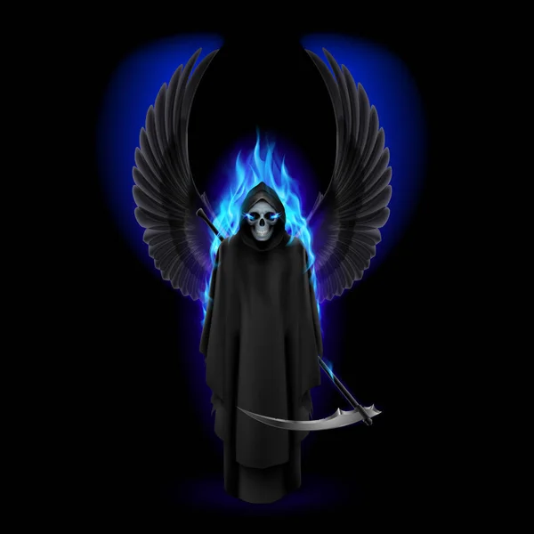 Grim Reaper Avec Ailes Flamme Bleue Sur Noir — Photo