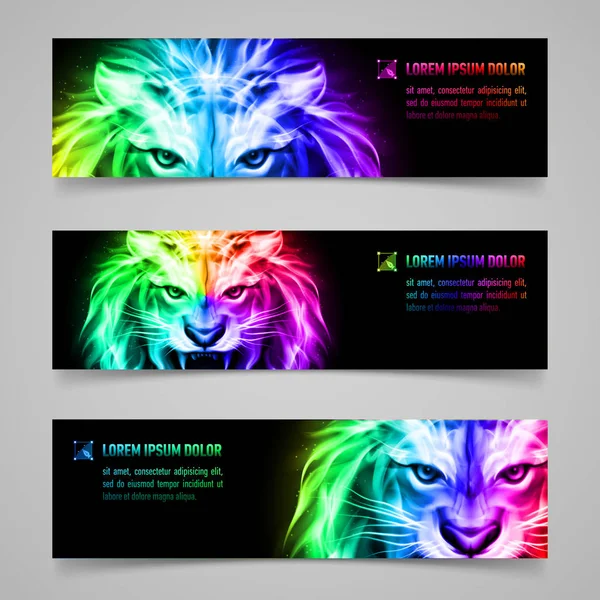 Uppsättning Banderoller Med Mystiskt Lejon Flerfärgad Låga — Stockfoto
