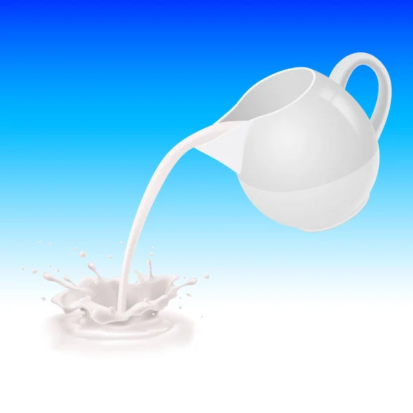 Βρύσες Γάλακτος Από Λευκή Κανάτα Στο Φόντο Του Γαλάζιου Χρώματος — Φωτογραφία Αρχείου