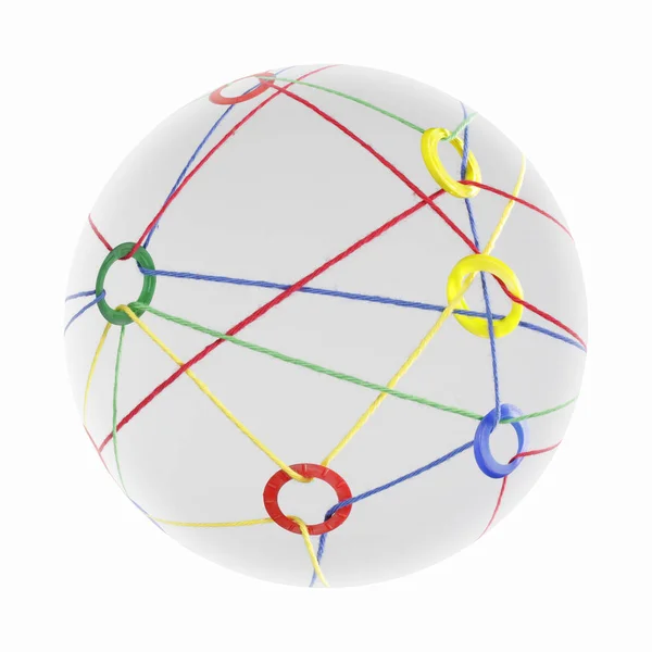 Ein Netzwerk Farbiger Bänder Die Einen Ball Vor Weißem Hintergrund — Stockfoto