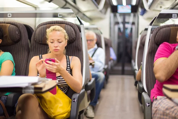 Thoughtful Young Lady Surfing Online Smartphone While Traveling Train — Stock Photo, Image