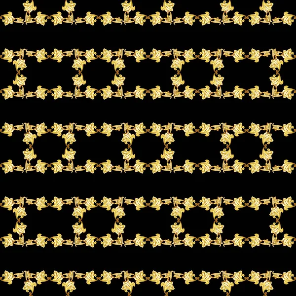 Gorizontal Hladké Zlaté Květinové Vzory Černém Pozadí — Stock fotografie