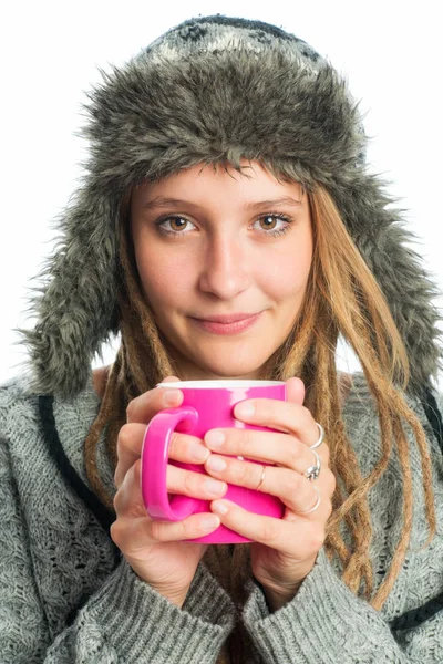 Menina Loira Com Chapéu Pele Segurando Caneca Café — Fotografia de Stock