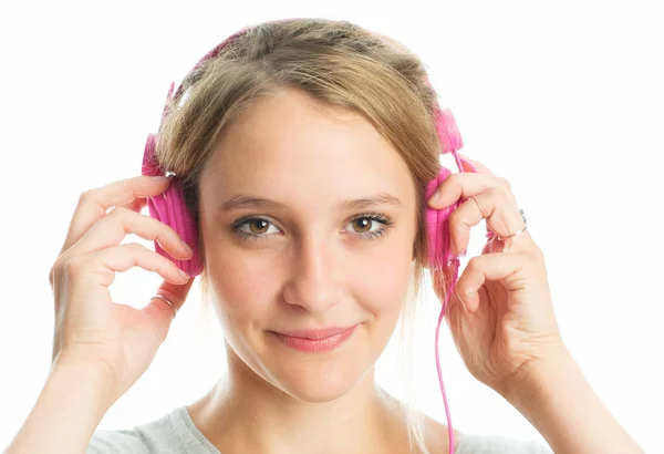 Menina Loira Com Fones Ouvido — Fotografia de Stock