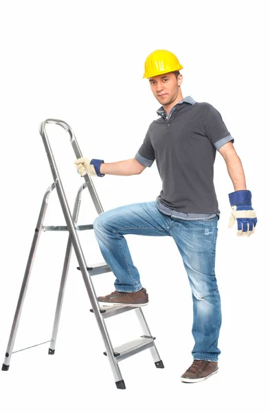 Jovem Com Capacete Construção Stepladder — Fotografia de Stock