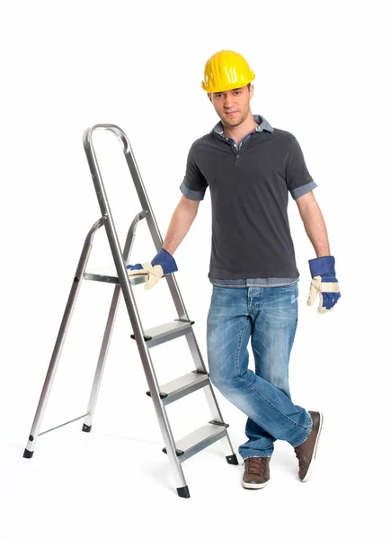 Young Man Hard Hat Stepladder — Stock Photo, Image