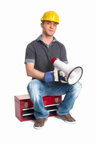 Craftsman Sitting Toolbox Holding Megaphone — Stock Photo, Image