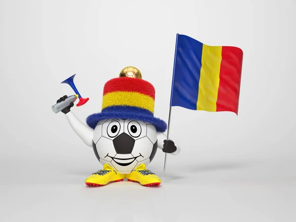 Egy Aranyos Vicces Labdarúgó Karakter Tartja Nemzeti Zászló Románia Egy — Stock Fotó