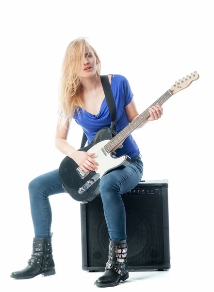 Blond Girl Playing Electric Guitar — Stock Photo, Image