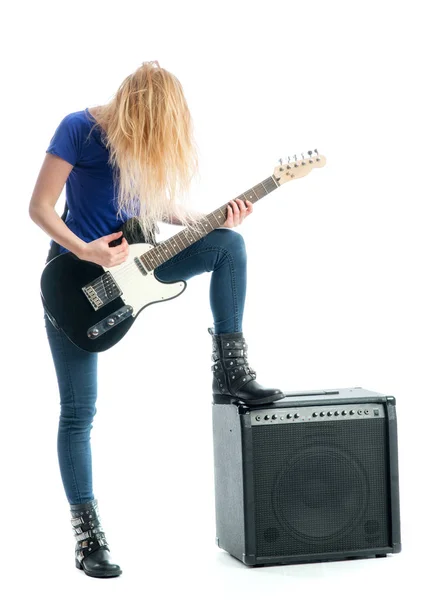 Blonde Fille Joue Avec Une Guitare Électrique — Photo