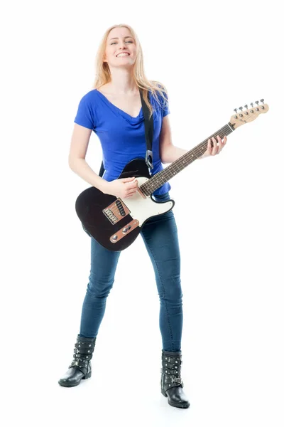 Menina Loira Tocando Com Uma Guitarra Elétrica — Fotografia de Stock