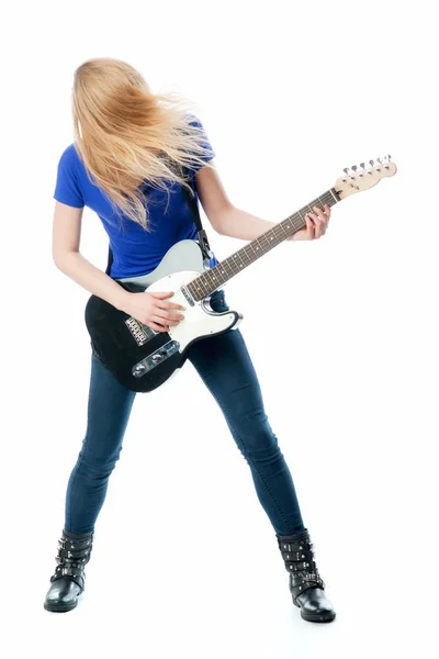 Menina Loira Tocando Com Uma Guitarra Elétrica — Fotografia de Stock