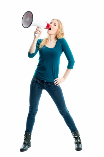 Blond Girl Megaphone — Stock Photo, Image