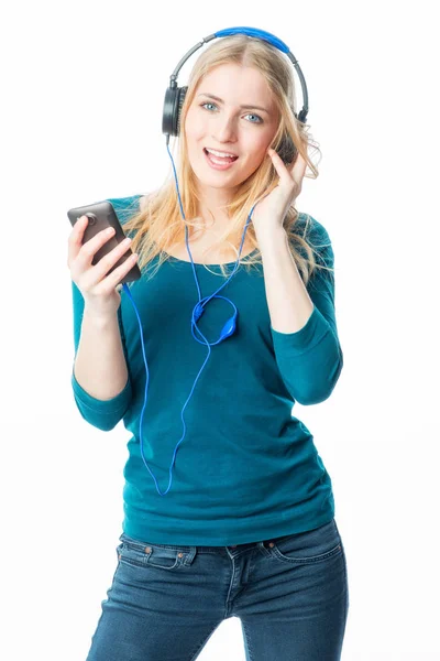 Blond Meisje Met Hoofdtelefoon Smartphone — Stockfoto