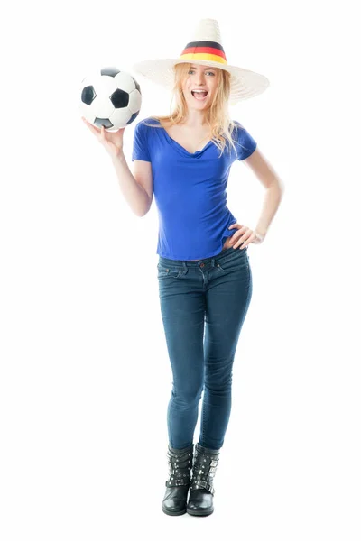 Blondynka Piłka Nożna Fan Hat Piłka Nożna — Zdjęcie stockowe