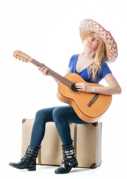 Blond Girl Suitcase Guitar — Photo