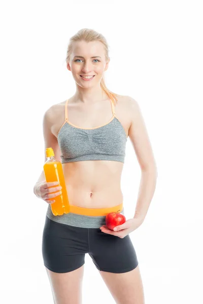 Blonde Sportswoman Drink Apple — Stock Photo, Image