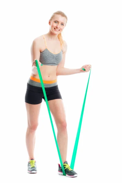 Blonde Female Athlete Exercising Resistance Band — Stock Photo, Image