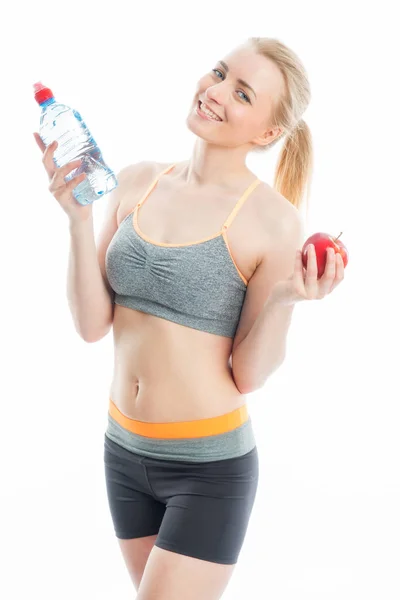 Blond Idrottskvinna Med Dryck Och Frukt — Stockfoto