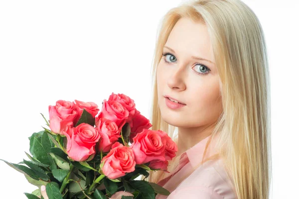 Chica Rubia Con Ramo Rosas — Foto de Stock