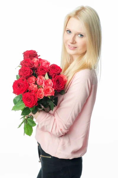 Chica Rubia Con Ramo Rosas — Foto de Stock