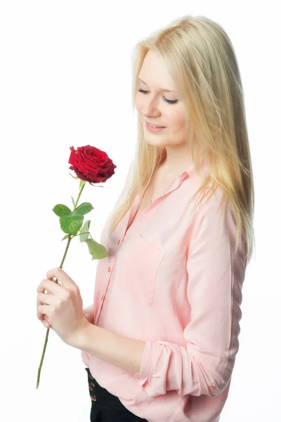 Smyslná Dívka Jednoduchou Růží — Stock fotografie