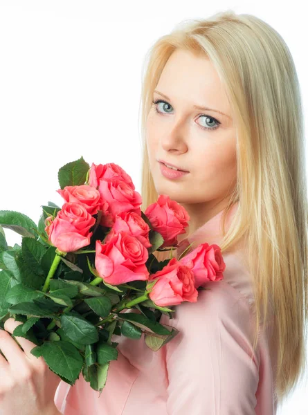 Jovencita Rubia Con Ramo Rosas — Foto de Stock