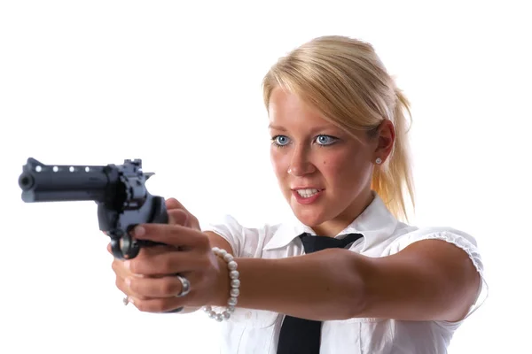 Blond Žena Pistolí — Stock fotografie