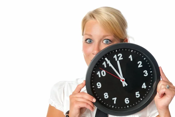 Mujer Está Sosteniendo Reloj Pared — Foto de Stock