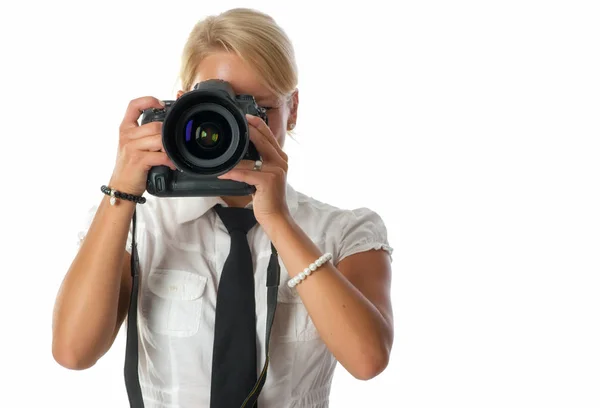 Blond Kvinna Med Kamera — Stockfoto
