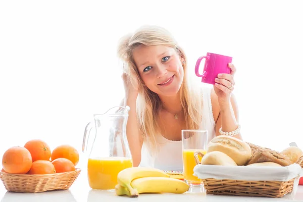 Mujer Rubia Mesa Desayuno Cubierta — Foto de Stock