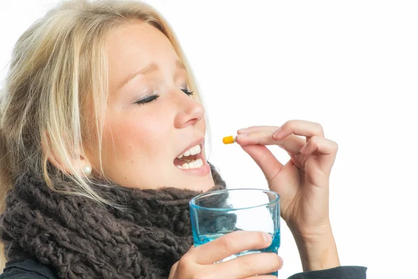 Sick Blond Woman Medication — Stock Photo, Image