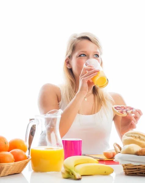 Mujer Rubia Mesa Desayuno — Foto de Stock