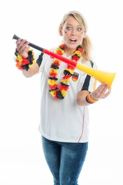 Blondynka Piłka Nożna Fan Vuvuzela — Zdjęcie stockowe