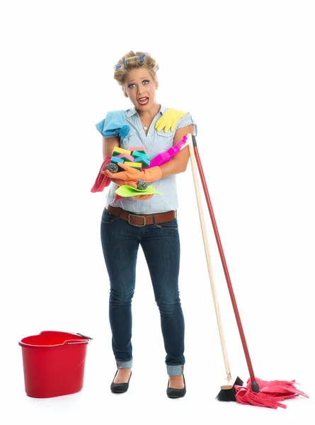 Háziasszony Tisztítóeszközökkel — Stock Fotó