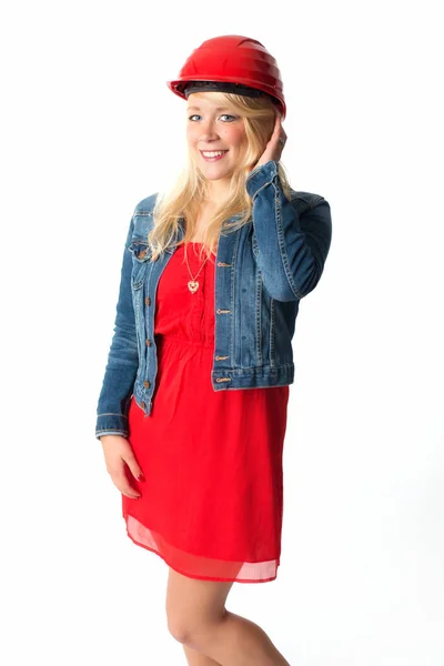 Jonge Vrouw Rode Hoed Jeans Shorts — Stockfoto