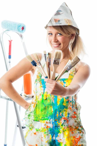 Pintor Feminino Com Escovas Diferentes — Fotografia de Stock