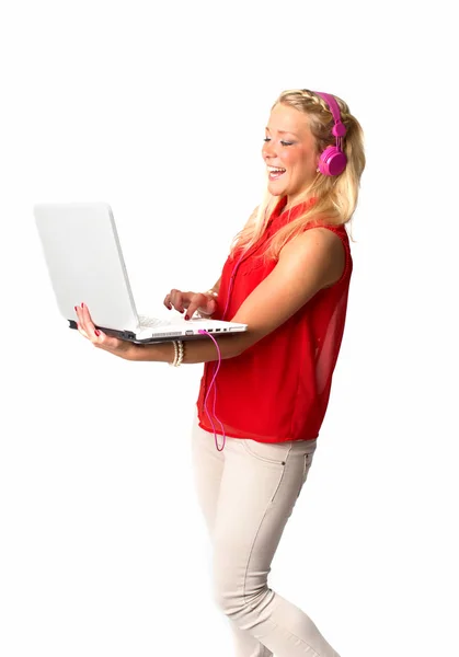 Mujer Con Auriculares Portátil — Foto de Stock