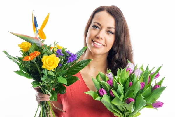 Retrato Mujer Con Ramos Flores — Foto de Stock