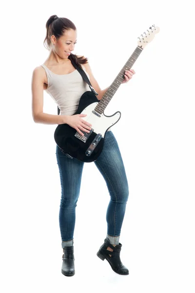 Niña Con Guitarra Eléctrica Amplificador — Foto de Stock