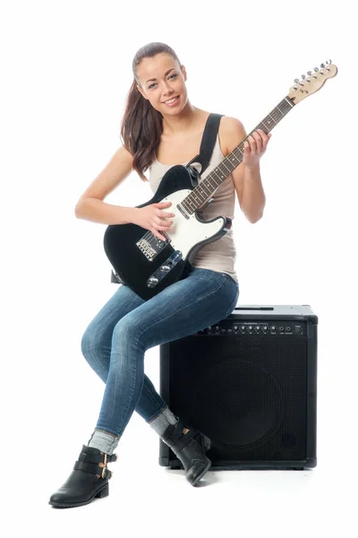 Jeune Fille Avec Guitare Électrique Amplificateur — Photo