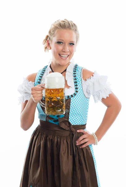 Krásná Oktoberfest Žena Dirndl Držení Pivní Hrnek — Stock fotografie