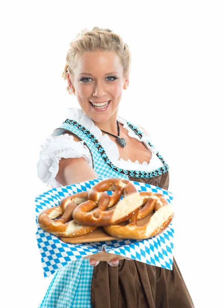 Bavarian Meisje Met Pretzel — Stockfoto